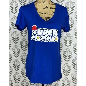 Women's Blue V-Neck Super Mommio Mario Mom Graphic Print Tee Shirt XL